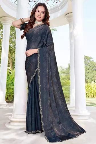 Navy blue color fendy satin silk two tone digital printed saree
