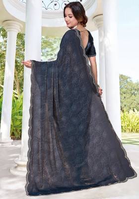 Navy blue color fendy satin silk two tone digital printed saree 4