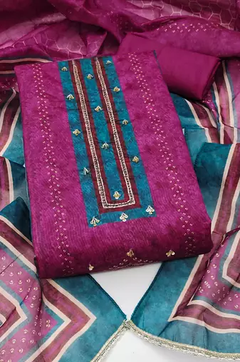 multi unstitched digital print handwork with digital printed dupatta silk blend dress material
