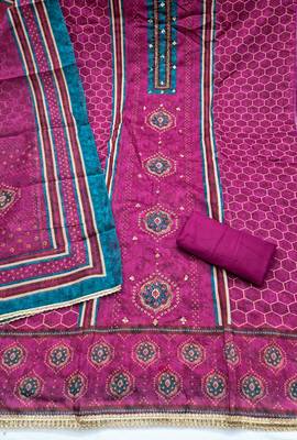 multi unstitched digital print handwork with digital printed dupatta silk blend dress material 2