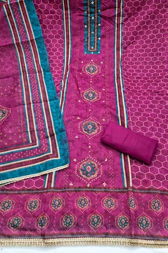 multi unstitched digital print handwork with digital printed dupatta silk blend dress material
