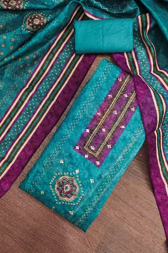 multi unstitched digital print handwork with digital printed dupatta silk blend dress material