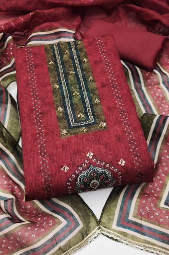 multi unstitched digital print handwork with digital printed dupatta silk blend dress material