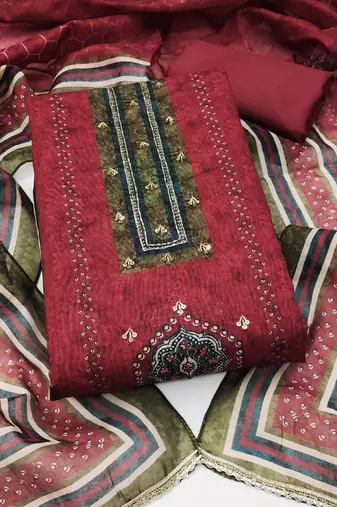 multi unstitched digital print handwork with digital printed dupatta silk blend dress material
