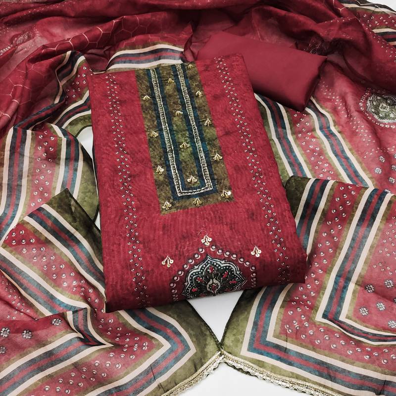 multi unstitched digital print handwork with digital printed dupatta silk blend dress material