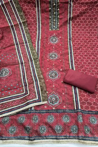 multi unstitched digital print handwork with digital printed dupatta silk blend dress material