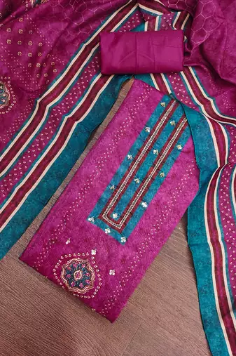 multi unstitched digital print handwork with digital printed dupatta silk blend dress material