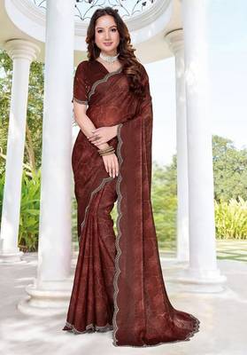 Coffee color fendy satin silk two tone digital printed saree 1