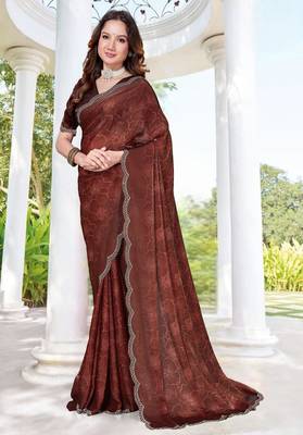 Coffee color fendy satin silk two tone digital printed saree 3