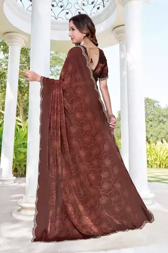 Coffee color fendy satin silk two tone digital printed saree