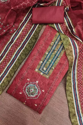 multi unstitched digital print handwork with digital printed dupatta silk blend dress material