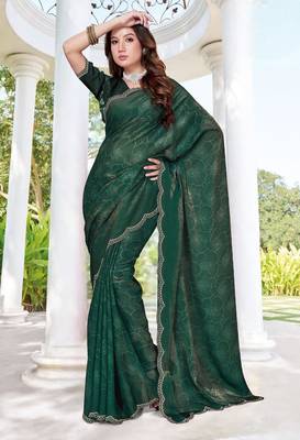 Rama green color fendy satin silk two tone digital printed saree 1