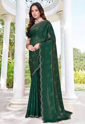 Rama green color fendy satin silk two tone digital printed saree 3