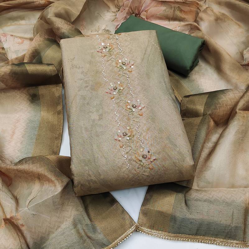 multi unstitched shimmer print handwork with printed dupatta linen dress material
