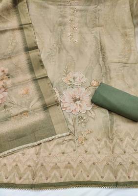 multi unstitched shimmer print handwork with printed dupatta linen dress material 2