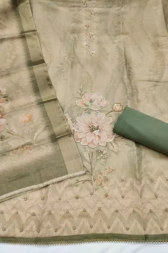multi unstitched shimmer print handwork with printed dupatta linen dress material