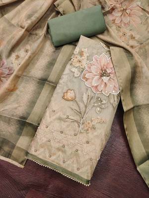 multi unstitched shimmer print handwork with printed dupatta linen dress material 4