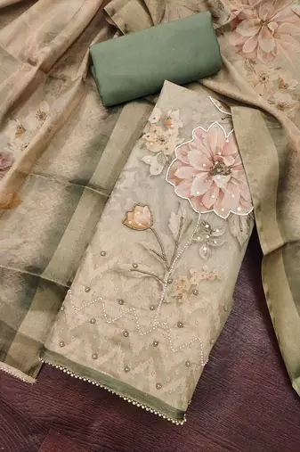 multi unstitched shimmer print handwork with printed dupatta linen dress material