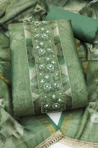 multi unstitched shimmer print handwork with printed dupatta linen dress material
