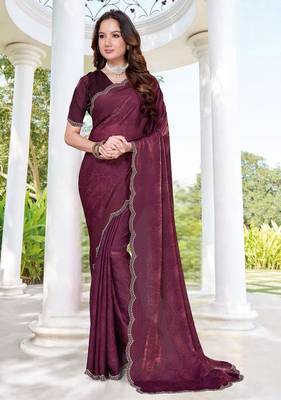 Wine color fendy satin silk two tone digital printed saree 1