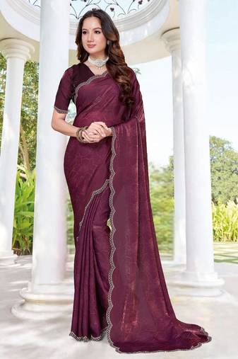 Wine color fendy satin silk two tone digital printed saree