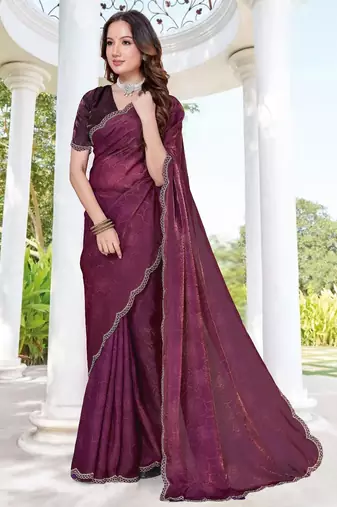 Wine color fendy satin silk two tone digital printed saree