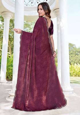 Wine color fendy satin silk two tone digital printed saree 4