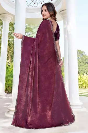 Wine color fendy satin silk two tone digital printed saree