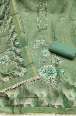 multi unstitched shimmer print handwork with printed dupatta linen dress material 2