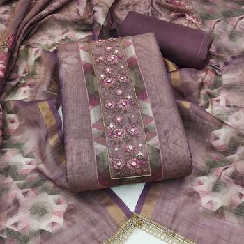 multi unstitched shimmer print handwork with printed dupatta linen dress material 1