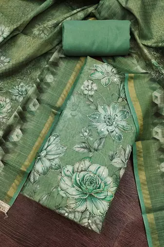 multi unstitched shimmer print handwork with printed dupatta linen dress material