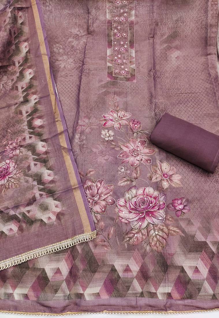 multi unstitched shimmer print handwork with printed dupatta linen dress material
