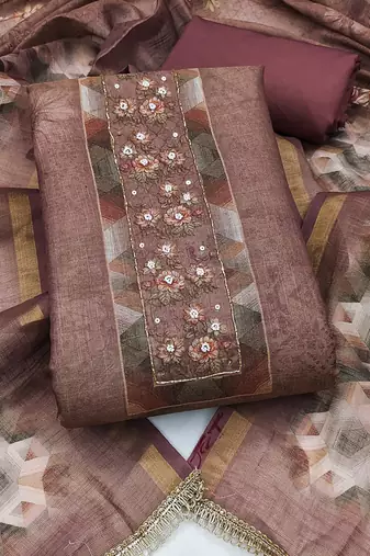 multi unstitched shimmer print handwork with printed dupatta linen dress material