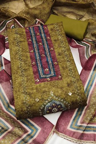 multi unstitched digital print handwork with digital printed dupatta silk blend dress material