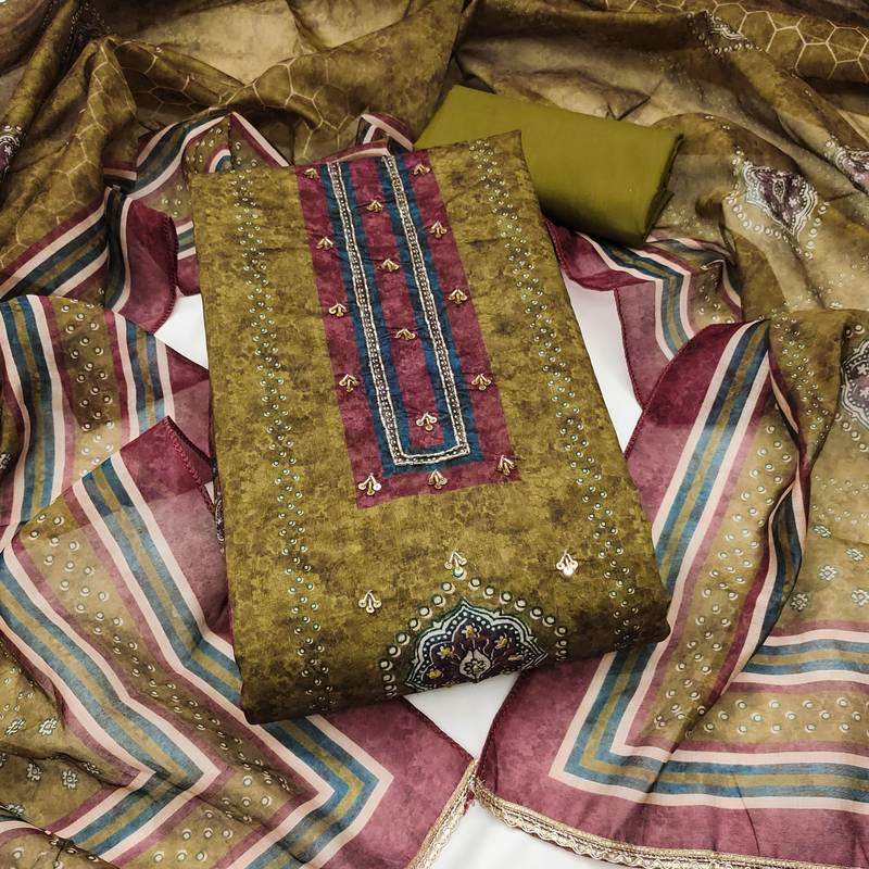 multi unstitched digital print handwork with digital printed dupatta silk blend dress material