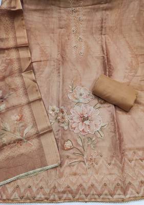 multi unstitched shimmer print handwork with printed dupatta linen dress material 2