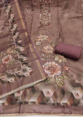 multi unstitched shimmer print handwork with printed dupatta linen dress material 2
