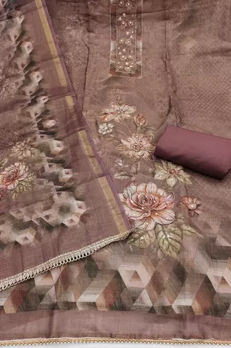 multi unstitched shimmer print handwork with printed dupatta linen dress material