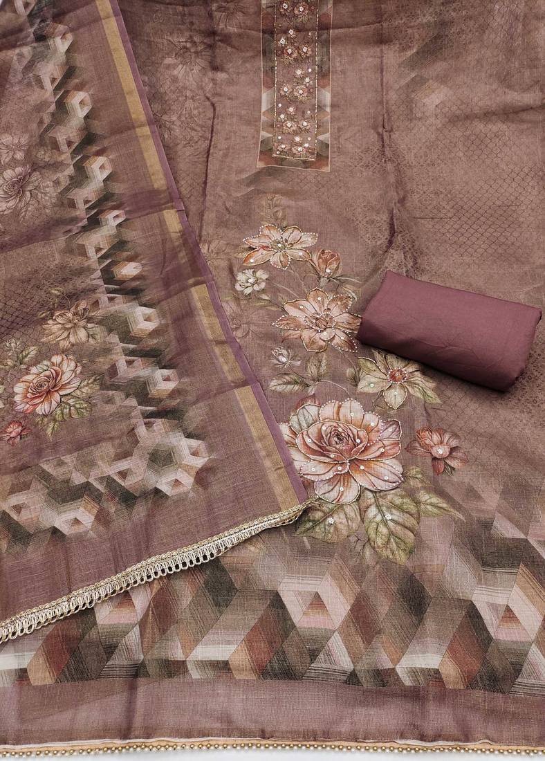 multi unstitched shimmer print handwork with printed dupatta linen dress material