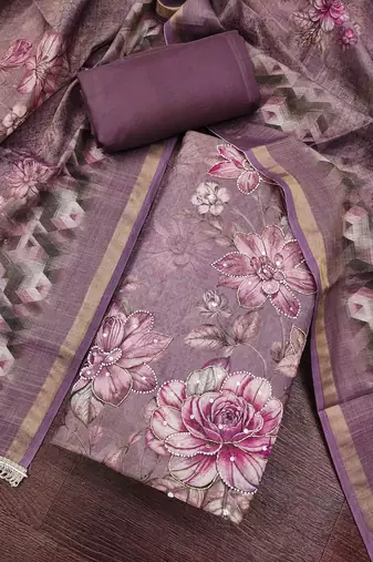 multi unstitched shimmer print handwork with printed dupatta linen dress material