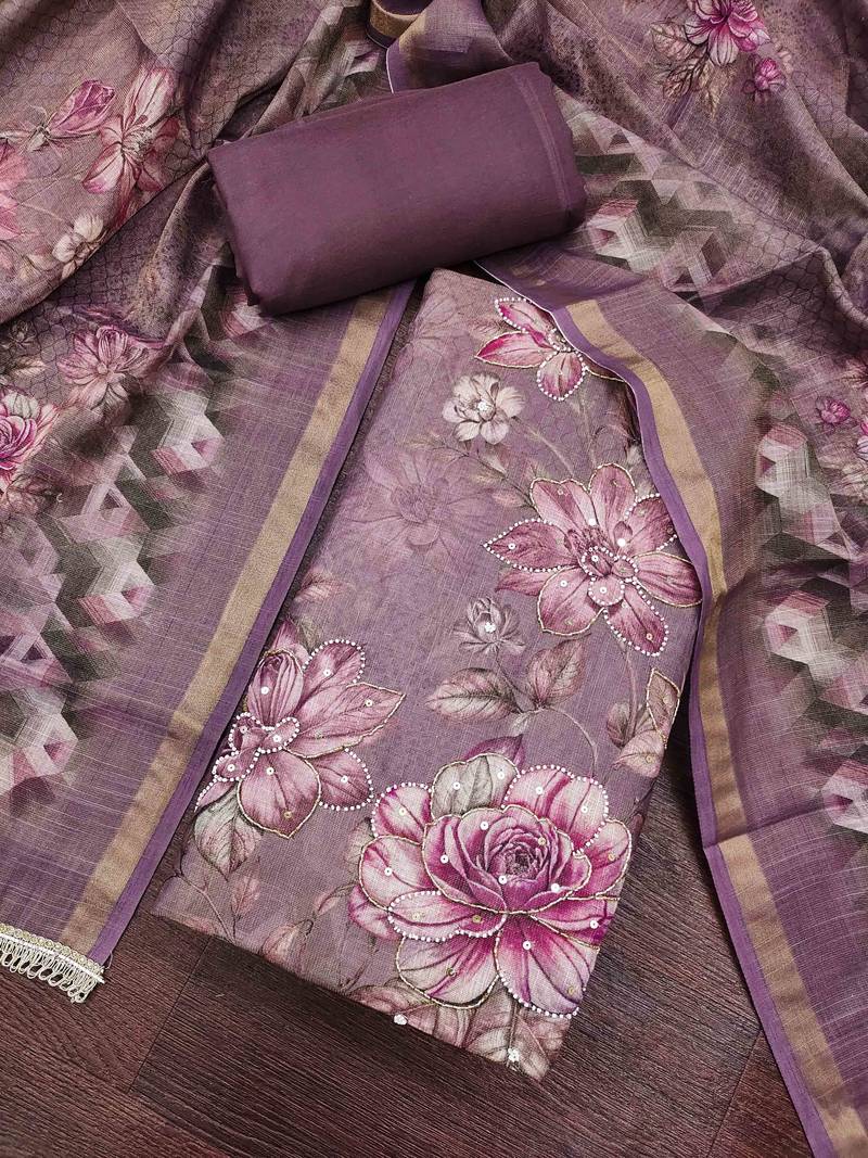 multi unstitched shimmer print handwork with printed dupatta linen dress material