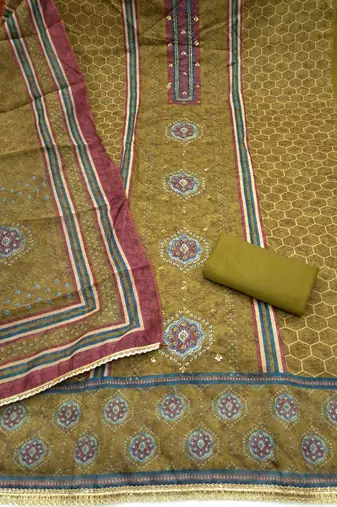 multi unstitched digital print handwork with digital printed dupatta silk blend dress material
