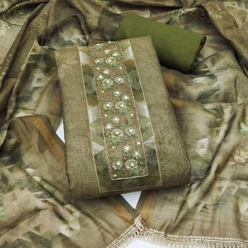 multi unstitched shimmer print handwork with printed dupatta linen dress material 1