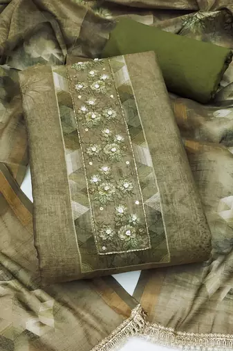 multi unstitched shimmer print handwork with printed dupatta linen dress material