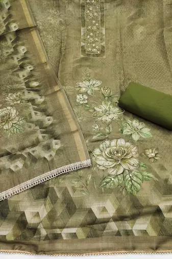 multi unstitched shimmer print handwork with printed dupatta linen dress material
