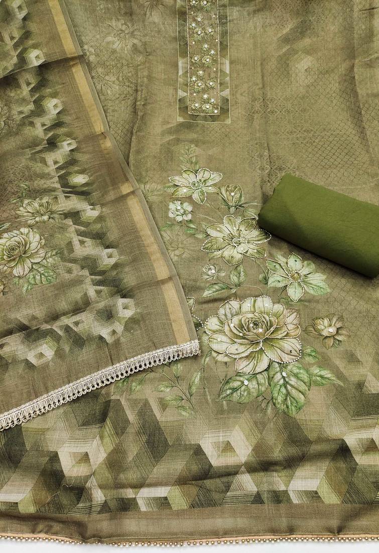 multi unstitched shimmer print handwork with printed dupatta linen dress material