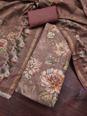 multi unstitched shimmer print handwork with printed dupatta linen dress material 4