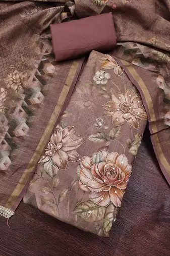 multi unstitched shimmer print handwork with printed dupatta linen dress material