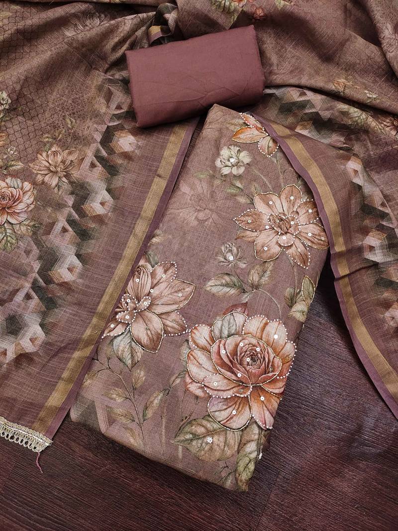 multi unstitched shimmer print handwork with printed dupatta linen dress material