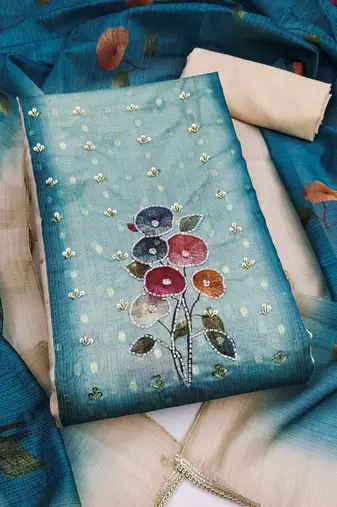 multi unstitched print handwork with digital printed dupatta modal butti dress material
